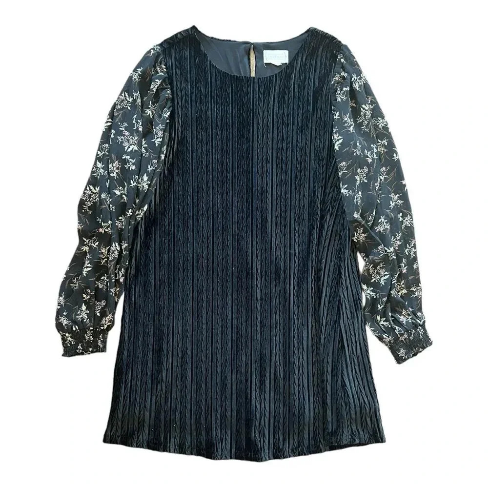 Loveriche Black Velvet Chiffon Textured Shift Dress L